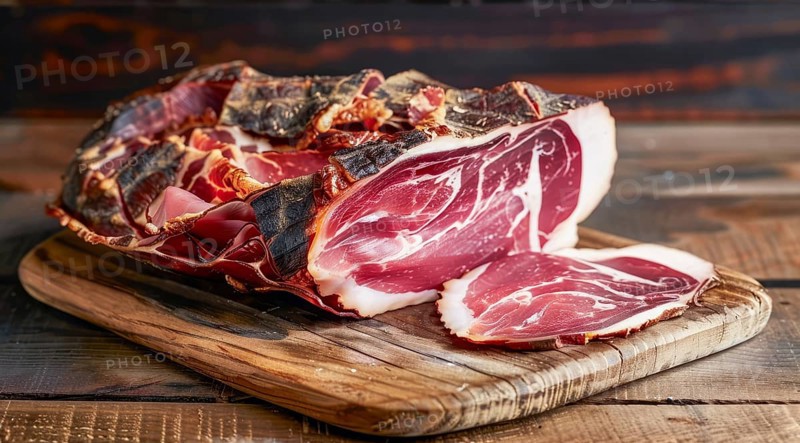 Cured and smoked ham. Hamon iberico and prosciutto on a cutting board, AI generated