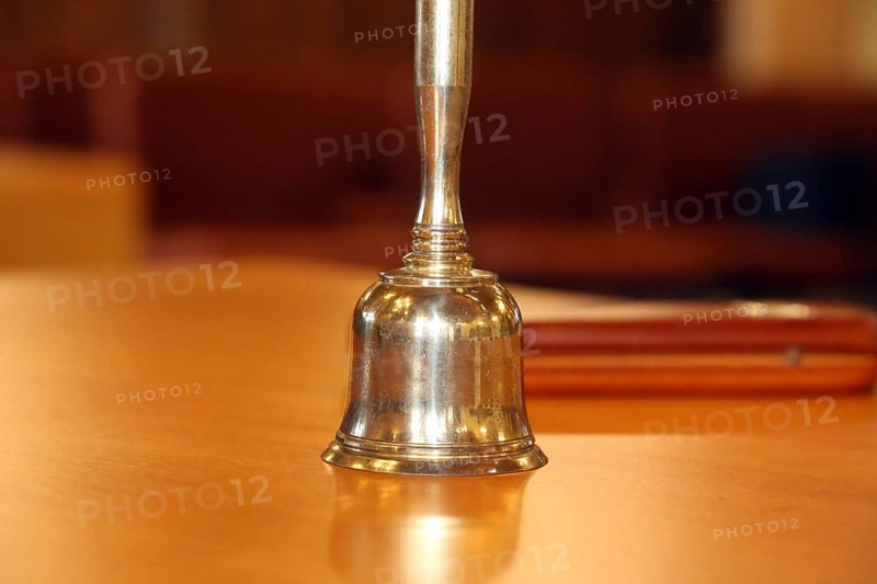 Close-up of a hand bell used, for example, in meetings, committees or courtrooms (here: council chamber of the municipality of Mutterstadt, Rhineland-Palatinate)