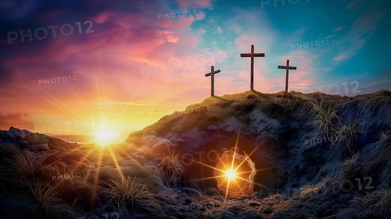 Easter concept three crosses on Golgotha Calvary hill against a dramatic sunset with open tomb of Jesus with shining from inside, AI generated