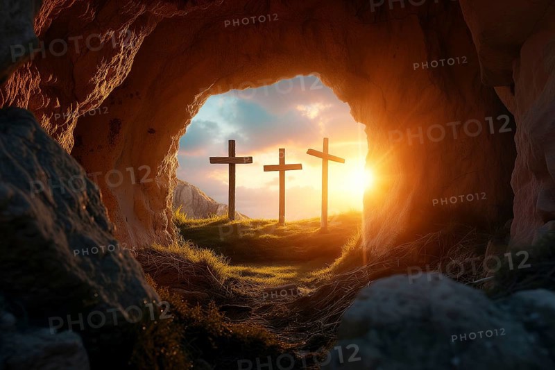 Easter concept, three crosses on Golgotha Calvary hill against a dramatic sunset seen from open tomb of Jesus, AI generated