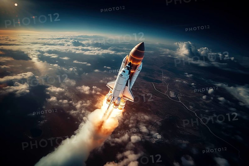 Aerial view of a rocket shuttle carrier launch at sunrise over an ocean coast. The rocket is blasting off with a trail of smoke and flames behind it, AI generated