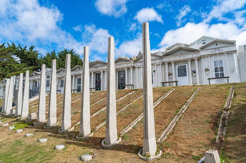 Stelae and mausoleums, historical cemetery Cementerio Sara Braun, city of Punta Arenas, Patagonia, Chile, South America