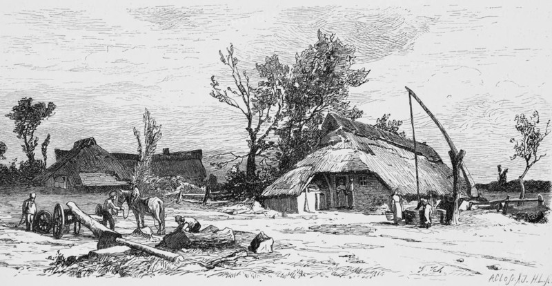 Village in the Oldenburg region, Lower Saxony, water well, thatched roof, farmhouses, wood, tree trunks, transport, wagon, Germany, historical illustration 1880, Europe