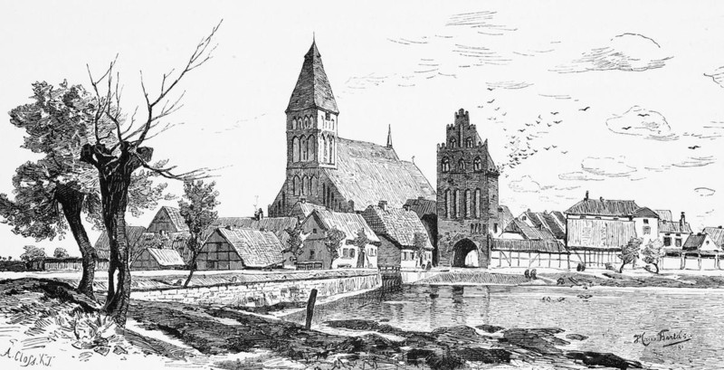 Grimmen an der Trebel, Mecklenburg-Vorpommern, Germany, townscape, town gate, church, half-timbered houses, historical illustration 1880, Europe