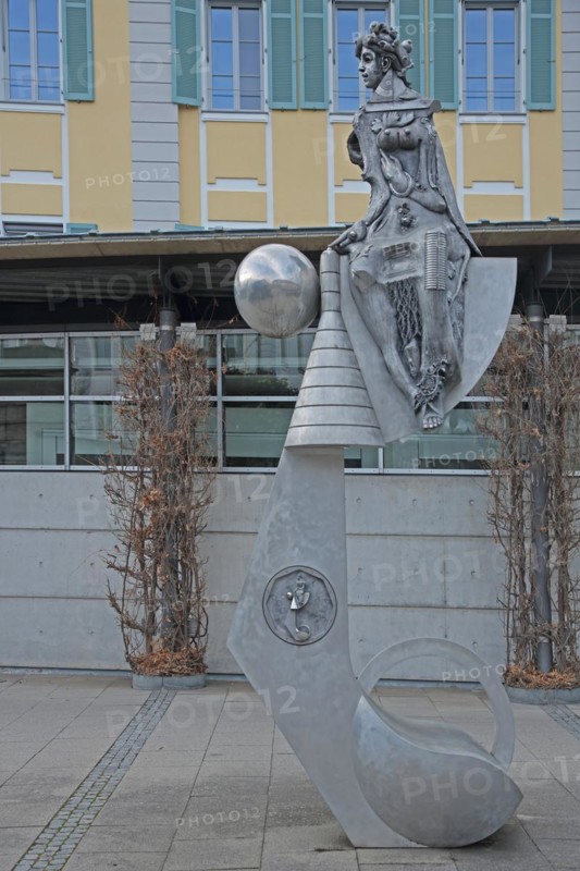 Sculpture Fortuna by Jürgen Goertz 2012, female figure, sitting, sphere, modern, abstract, bizarre, whimsical, grey, bronze, promenade, Ansbach, Middle Franconia, Franconia, Bavaria, Germany, Europe