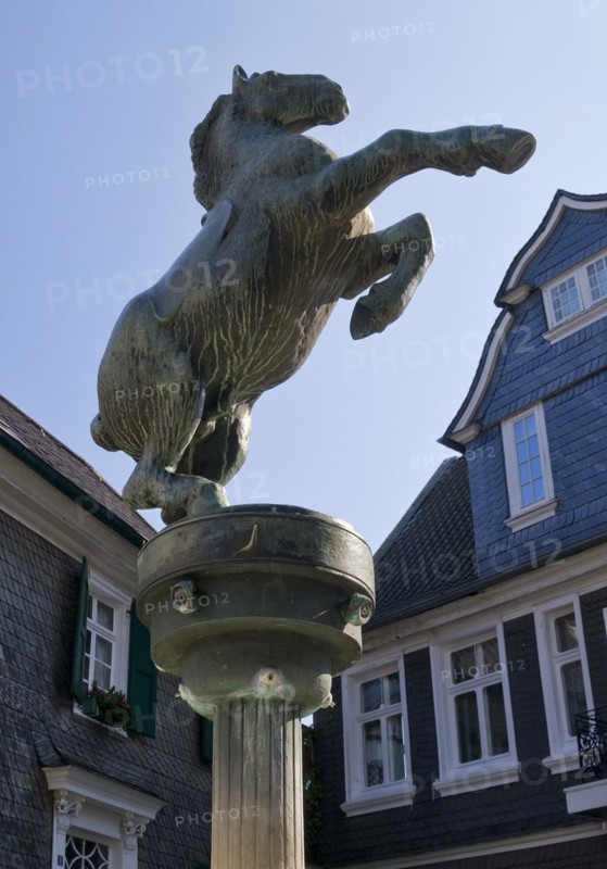 Horse fountain by Rudolf Christian Baisch in front of the town history centre, Mettmann, Bergisches Land, North Rhine-Westphalia, Germany, Europe