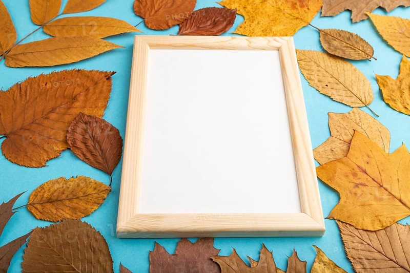 Composition with yellow and brown autumn leaves and wooden frame mockup on blue pastel background. Blank, side view, still life, copy space