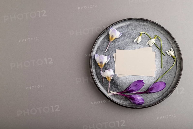 Gray paper invitation card, mockup with crocus and galanthus flowers on ceramic plate and gray background. Blank, top view, flat lay, still life, copy space, wedding invitation
