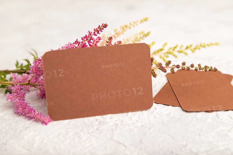 Brown paper business card mockup with purple astilbe flowers on gray concrete background. Blank, side view, copy space, still life. spring concept