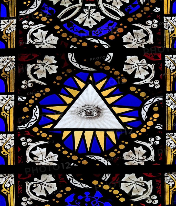 Church of Saint Mary Magdalene stained glass window, Thornham Magna, Suffolk, England, UK, The All Seeing Eye