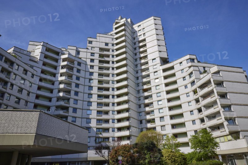 White Giant tower block and residential complex by architect Ewald Baumeister in Gelsenkirchen, Ruhr district, independent city, North Rhine-Westphalia, Germany, Europe