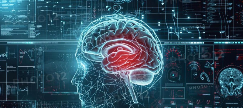 Concept of neural science, brain computer AI interface, scan, brain neurology and neural network, AI generated