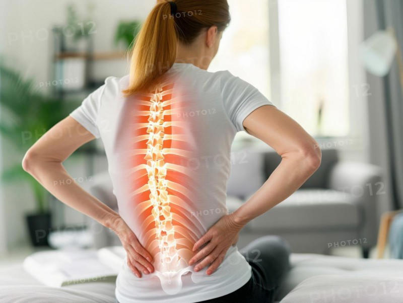 Back lower lumbar pain rheumatism from injury, inflammation, arthritis or chronical overuse, AI generated