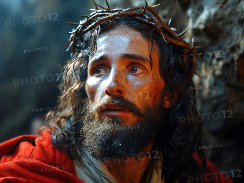 Jesus Christ on the cross on the way to his crucifixion on Via Dolorosa in Jerusalem, AI generated