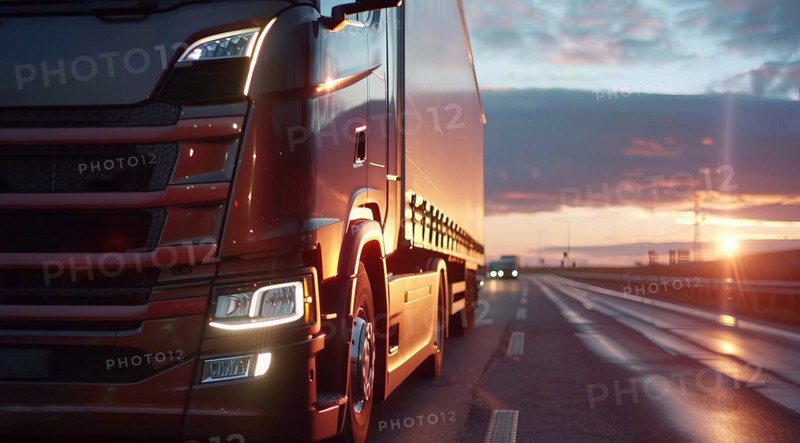 Long haul container truck carrying commercial cargo delivery, Close-up and low-angle, AI generated