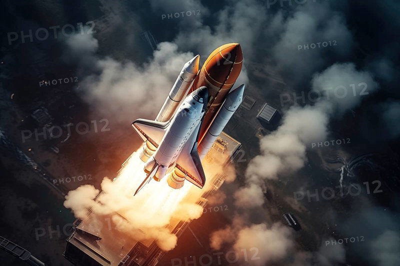 Aerial view of a rocket shuttle carrier launch at sunrise over an ocean coast. The rocket is blasting off with a trail of smoke and flames behind it, AI generated