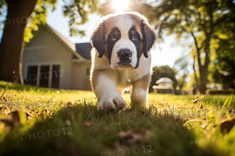 A curious cute Saint Bernard puppy with expressive eyes and floppy ears, exploring the outdoors on a sunny day, AI generated