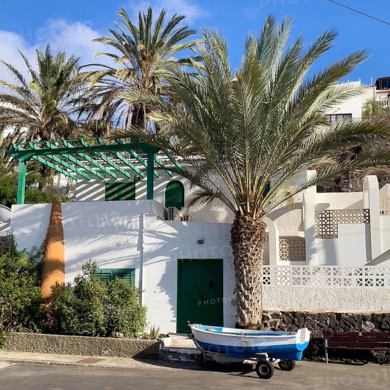 Small open fishing boat rowing boat on trailer under Canary Island date palm (Phoenix canariensis), behind white villa, Las Playitas, Fuerteventura, Canary Islands, Germany, Europe