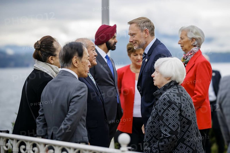 G7 Finance Ministers Meeting in Stresa. Christian Lindner (FDP), Federal Minister of Finance, with the Finance Minister of Japan, Shunichi Suzuki, the Japanese central bank governor Kazuo Ueda, and the US Treasury Secretary Janet Yellen. Stresa, 24.05.2024. Photographed on behalf of the Federal Ministry of Finance