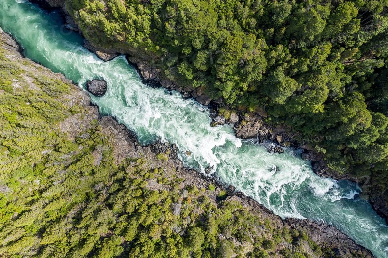 Futaleufu river flowing in a deep gorge, near viewpoint Mirador del Diablo, aerial view, Patagonia, Chile, South America