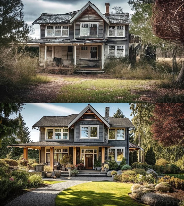 Run-down country house before and after renovation construction, generative AI, AI generated