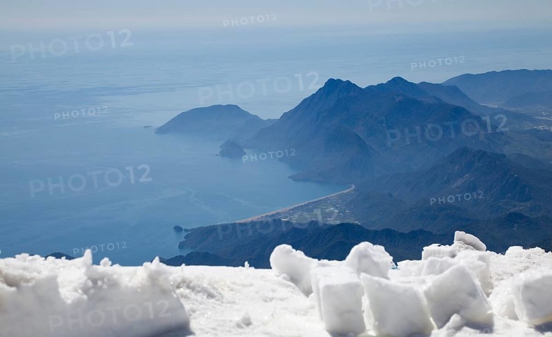 View of the Turkish Riviera from the snow-covered Tahtali Dagi, Turkey, Asia