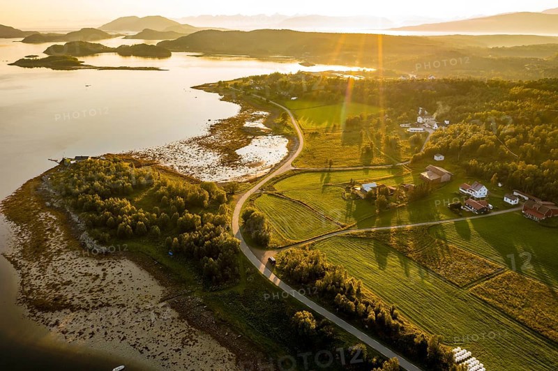 Aerial view over the fjord Efjord south of Narvik, seen at sunset, Norway, Europe
