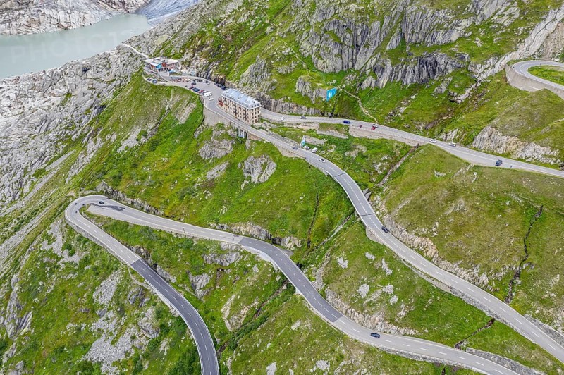 Aerial view of the Belvedere Hotel and the Furka Pass road, Obergoms, Canton of Valais, Swiss Alps, Switzerland, Europe