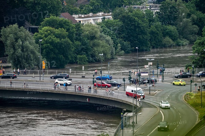 Ruhr bridge in Essen-Werden, water level just below the bridge, flood on the Ruhr, after long heavy rainfall the river left its bed and flooded the countryside and villages, the highest water level ever measured, North Rhine-Westphalia, Germany, Europe