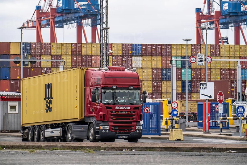 Entry and exit for container lorries, to the MSC container terminal in the seaport of Bremerhaven, Eurogate Container Terminal with almost 50 container gantry cranes, over a length of more than 4 km at the mouth of the Weser, Bremerhaven, Bremen, Germany, Europe