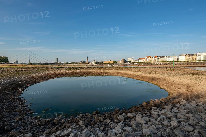 Rhine near Düsseldorf, extremely low water, Rhine level at 81 cm, falling, after a long drought the left bank of the Rhine is dry, near Düsseldorf Oberkassel, North Rhine-Westphalia, Germany, Europe