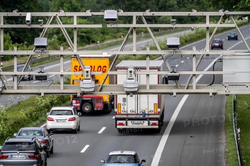 Sensors on a toll bridge, for recording motorway tolls, on the A43 motorway near Dülmen, Münsterland, North Rhine-Westphalia, Germany, Europe