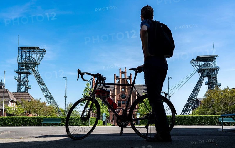 Zollern CollieryCycling in the Ruhr area, Franz slagheap, slagheap sign, orange, snail shell-shaped observation tower, Hamm, North Rhine-Westphalia, Germany LWL-Industriemuseum Zeche Zollern, Dormtund North Rhine-Westphalia, Germany, Europe