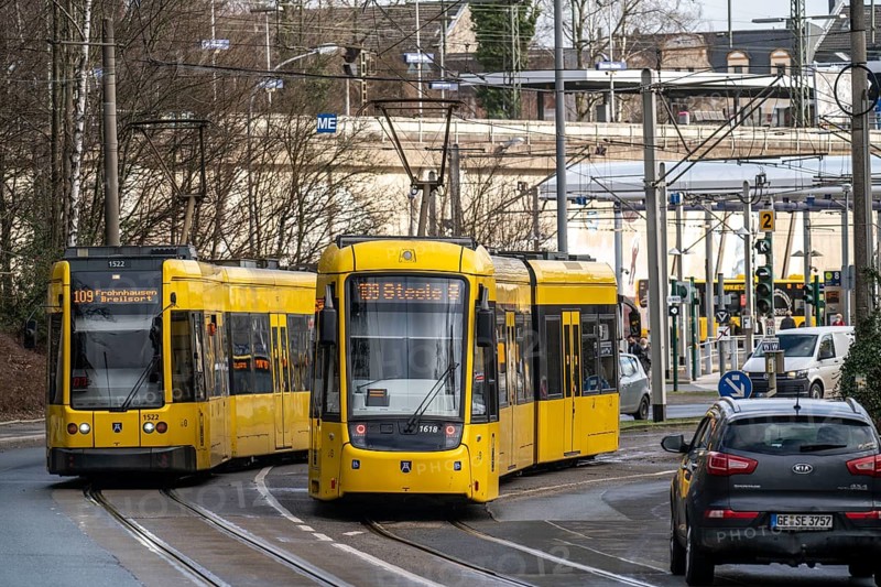 Ruhrbahn trams, at Essen-Steele S-Bahn station, interface between rail transport and tram and bus lines, in Essen, North Rhine-Westphalia, Germany, Europe