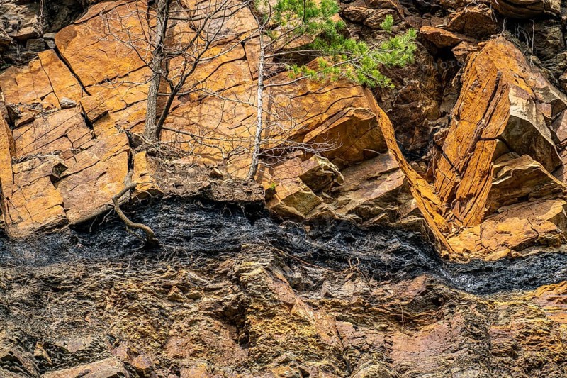 GeoRoute Ruhr, Dünkelberg quarry, in the Muttental valley, here you can see the geology of the region, a thin seam of hard coal is visible, underneath were thicker layers of hard coal that were mined, Witten, North Rhine-Westphalia, Germany, Europe