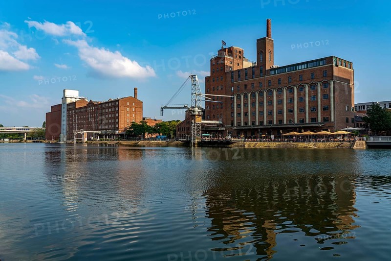 The inner harbour, in Duisburg, building Küppersmühle, and Werhahn-Mühle on the right, North Rhine-Westphalia, Germany, Europe