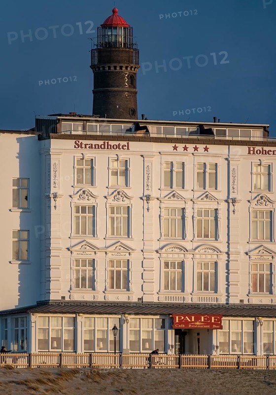 Skyline of the North Sea island of Borkum, Strandhotel Hohenzollern, New Lighthouse, East Frisia, Lower Saxony, Germany, Europe