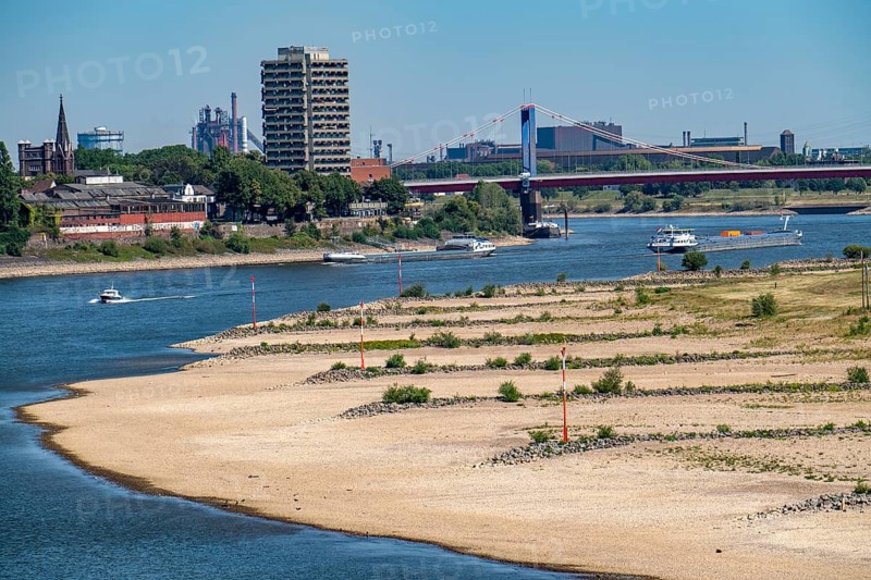 Rhine at Duisburg, extremely low water, Rhine level at 168 cm, falling, after the long drought the right bank of the Rhine, at Duisburg-Neuenkamp, dry, in the background the Friedrich-Ebert-Bridge and the ThyssenKrupp Steel steelworks, North Rhine-Westphalia, Germany, Europe