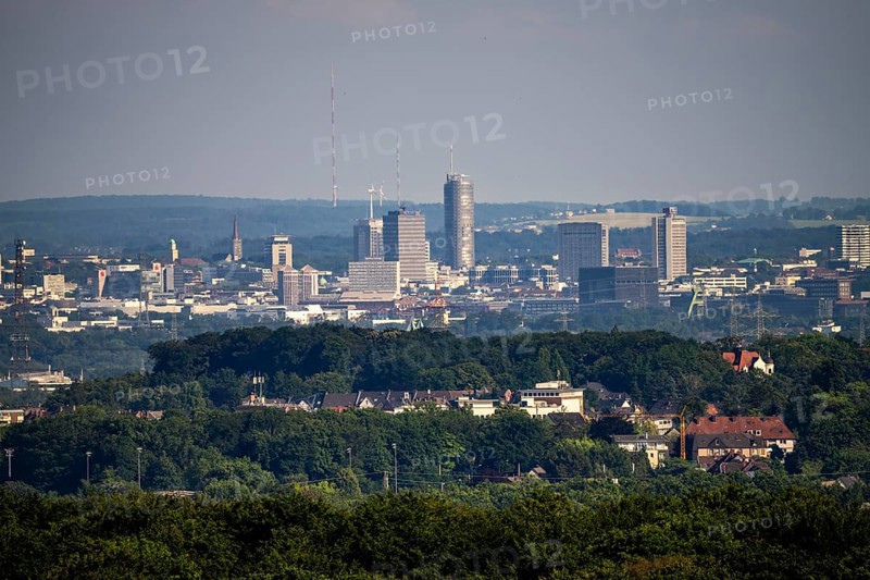 View of the skyline of Essen, from the north-west, in the background the WDR transmitter Langenberg, North Rhine-Westphalia, Germany, Europe