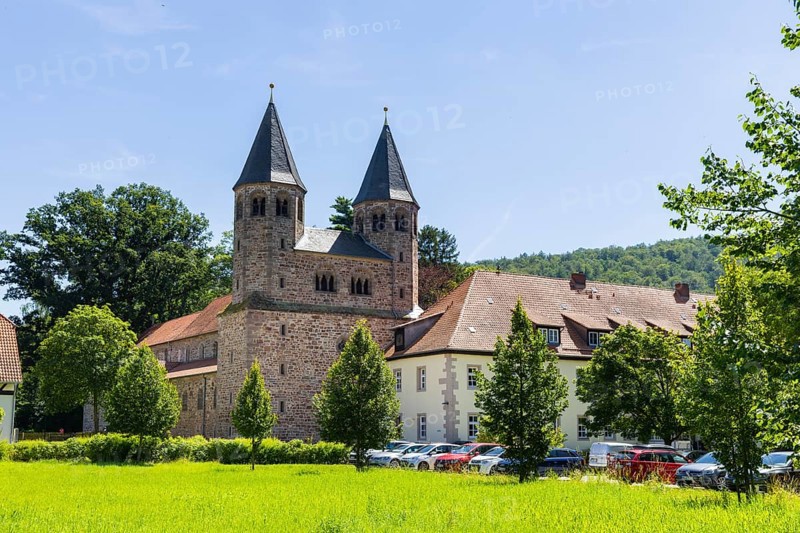 Benedictine monastery Bursfeld on the Weser near Hannoversch Münden. Bursfelde Monastery is a former Benedictine abbey in Bursfelde, a district of Hann. Münden in the district of Göttingen, Lower Saxony. The monastery church and monastery estate of around 300 hectares belong to the General Hanoverian Monastery Fund administered by the Hanover Monastery Chamber, Bursfelde Monastery, Hann.Münden, Lower Saxony, Germany, Europe