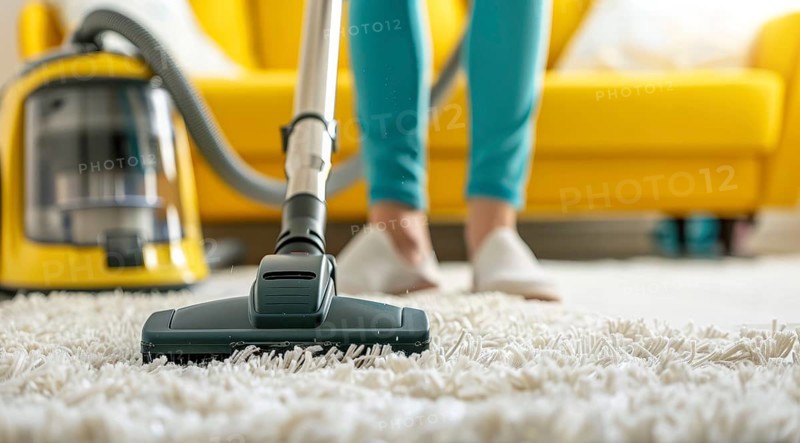 A woman is vacuuming a carpet in a living room. Apartment cleaning service, AI generated