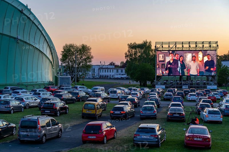 Drive-in cinema at Essen/Mülheim Airport Motor Movies, temporary film screening, at the WDL airship hangar, event in compliance with contact restrictions, effects of the corona crisis in Essen, Mülheim Germany