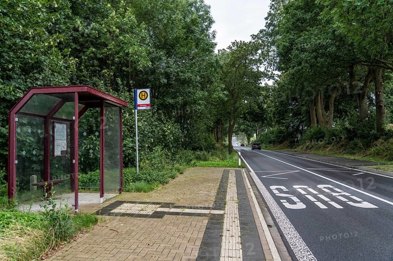 Bus shelter, bus stop Schalloh, in the countryside, Sauerland, near Soest-Bergede, country road L856, bus route 552, has 2 stops per day, Mondays to Fridays, none at weekends, North Rhine-Westphalia, Germany, Europe