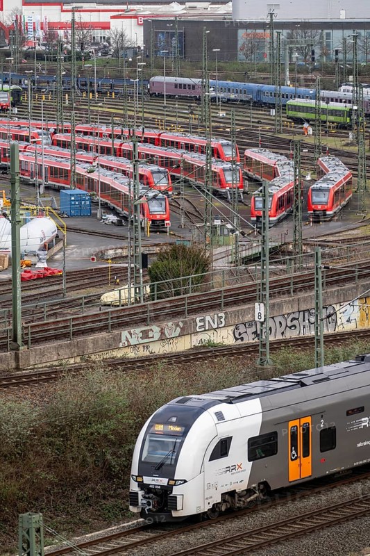 DB Regio stabling facility in Cologne Deutzerfeld, where suburban trains and regional trains wait for their turn, RRX train on the line, Cologne Deutz, North Rhine-Westphalia, Germany, Europe