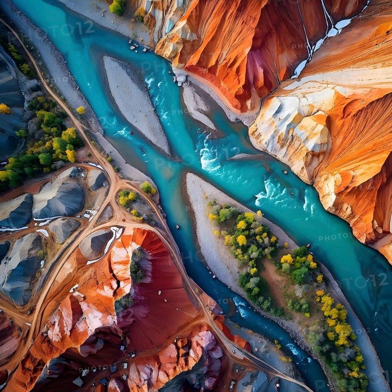 Aerial view perpendicular top down of an abstract colorful river along the coastline, AI generated