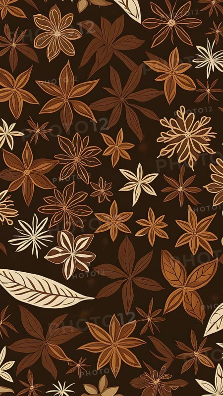 Abstract wallpaper illustration of Christmas spices like cinnamon sticks, star anise, and cloves, AI generated