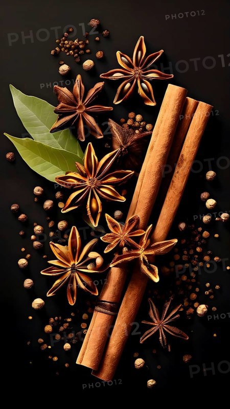 Abstract wallpaper illustration of Christmas spices like cinnamon sticks, star anise, and cloves, AI generated