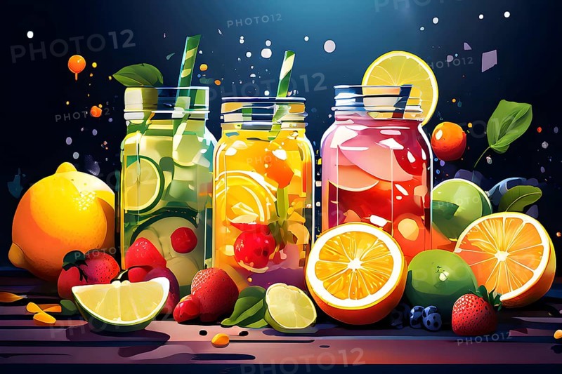 Abstract wallpaper of smoothie surrounded by an assortment of fruits and vegetables, AI generated