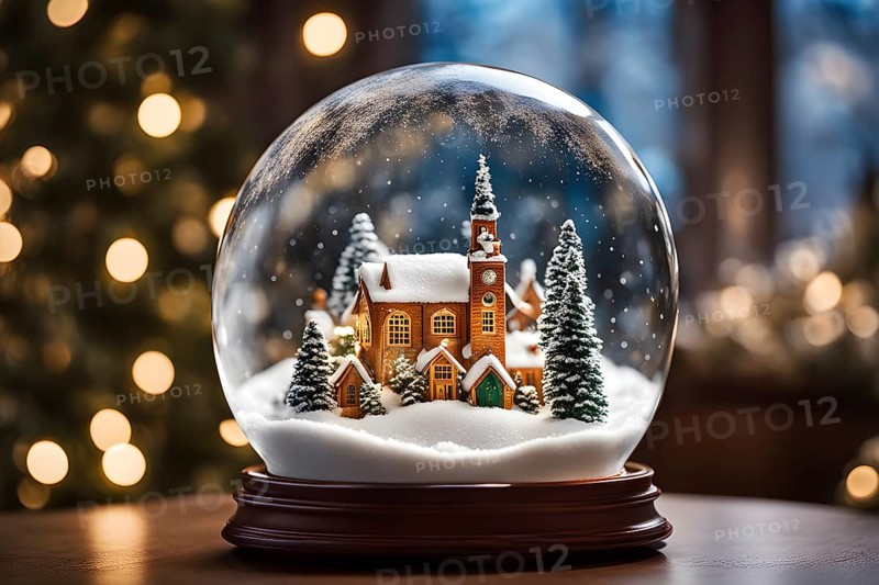 Snow globe with a tiny festive village inside, capturing the swirling snow and the light reflections on the glass dome, AI generated