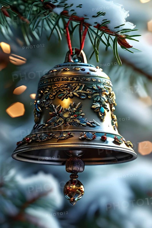 Vintage Christmas bell ornament hanging on a snow-dusted evergreen branch, capturing the intricate metallic details and soft reflections of nearby lights, AI generated